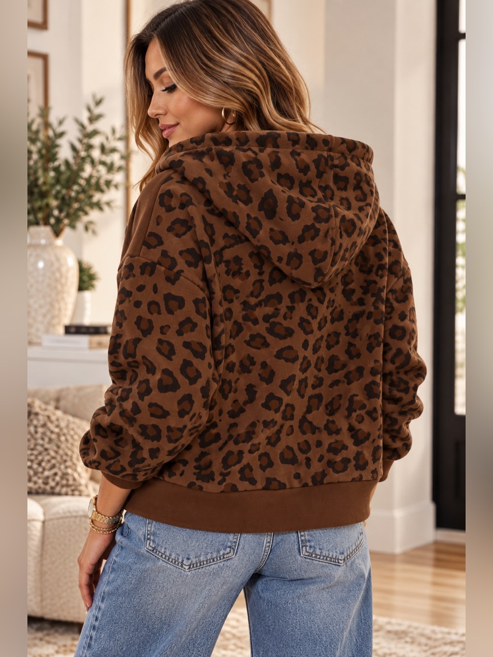 MELLO Leopard Print Colorblock Zip-Up Hooded Sweatshirt Jacket - Picture 2 of 6